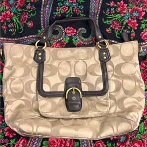 Coach Campbell Signature Handbag Large Brown Tan Sateen Purse Tote Career Preppy